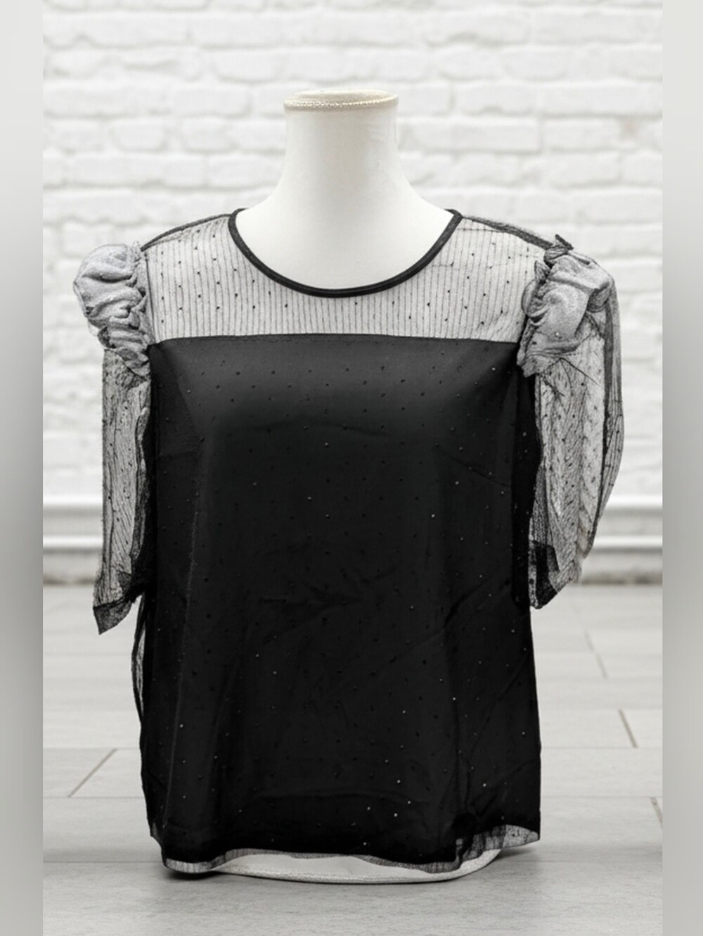 DKNY Black Sheer Dot Mesh Puff Sleeve Top - Size XL